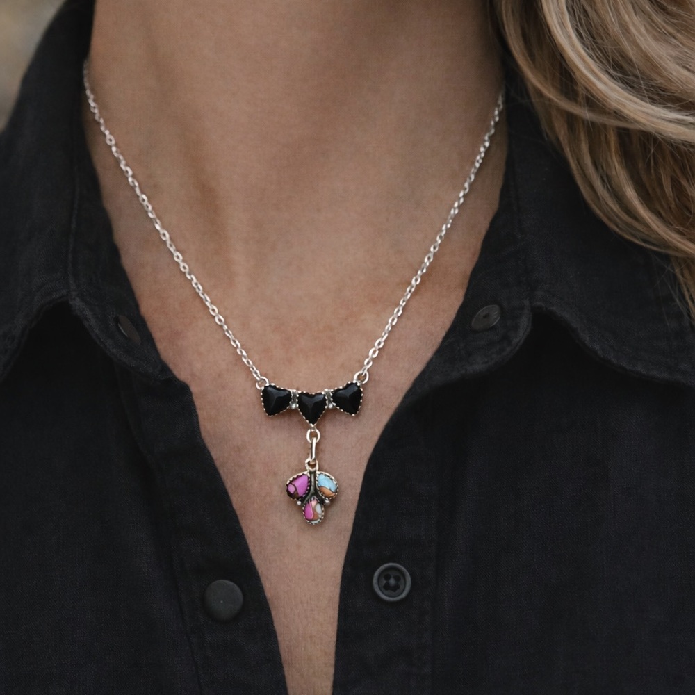 925 Sterling Silver Black Onyx Heart Necklace W/ Cotton Candy Drop Pendant New
